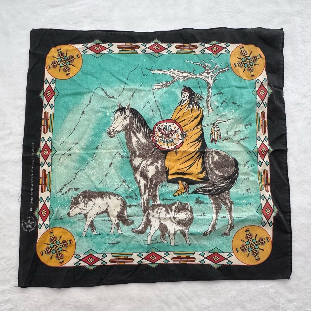 1980s Southwestern Bandana Native American On Horseback With Wolves Turquoise